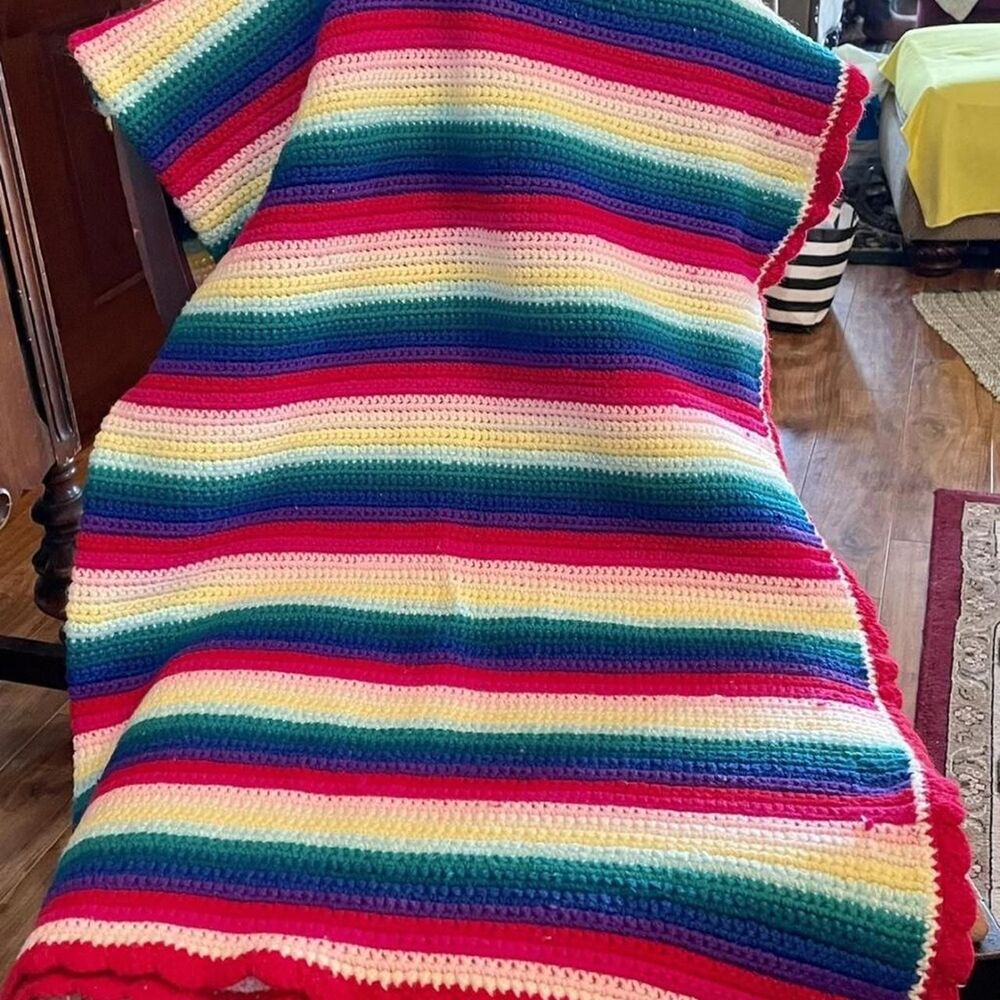 Cozy Handmade knit Afghan Blanket Throw Rainbow stripes